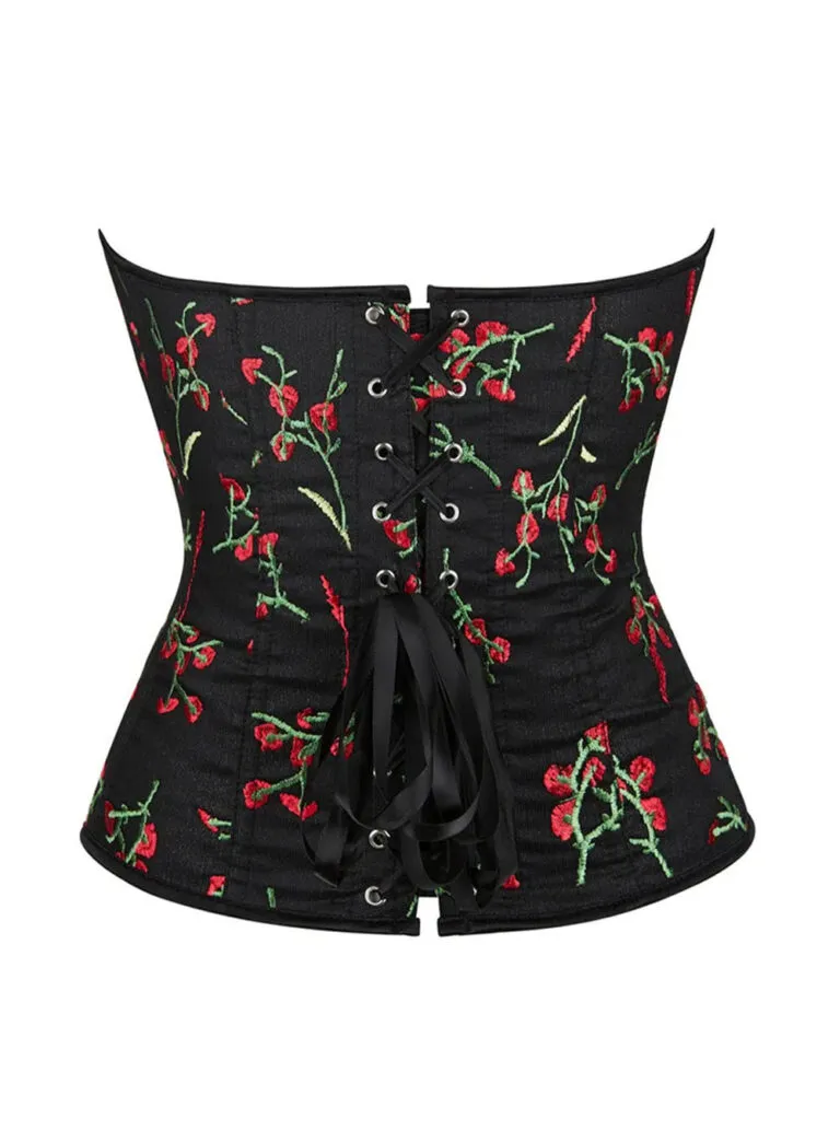 Corset bustier noir à fleurs rouges Isabella (6) Corset bustier noir à fleurs rouges Isabella (6)