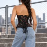 Corset bustier noir à fleurs rouges Isabella