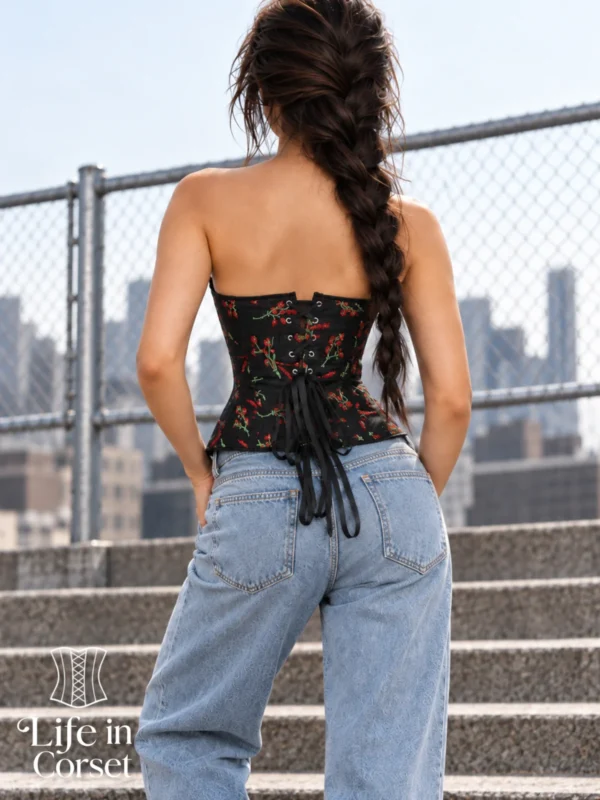 Corset bustier noir à fleurs rouges Isabella