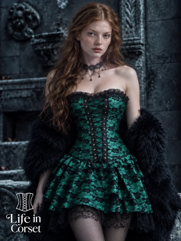 Corset vert gothique avec jupe et dentelle Elfie