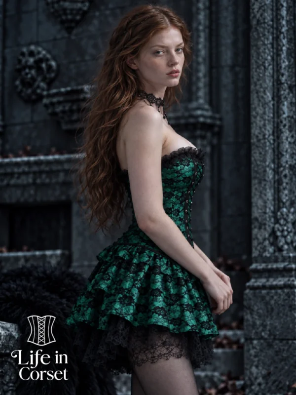 Corset vert gothique avec jupe et dentelle Elfie