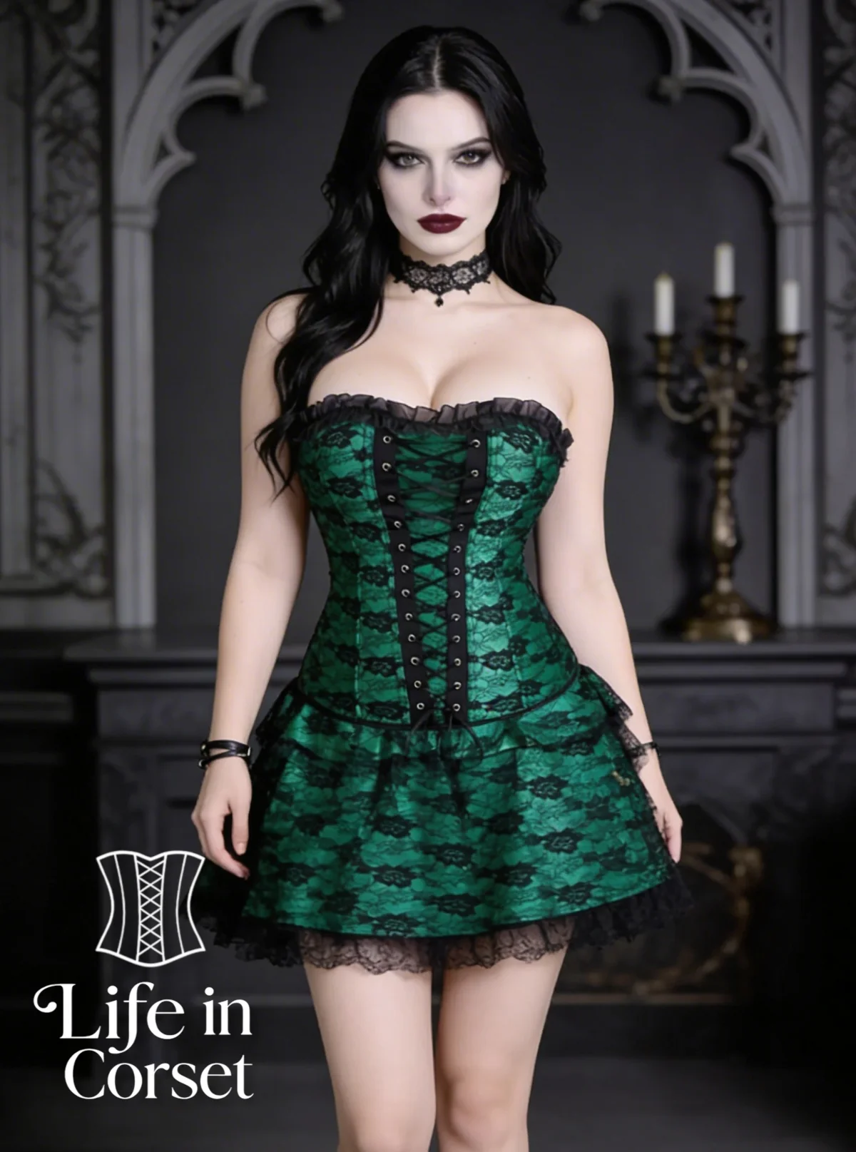 Corset vert gothique avec jupe et dentelle Elfie