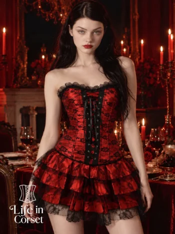 Robe corset rouge et noir avec dentelle Gothica (vue de face) Robe corset rouge et noir avec dentelle Gothica