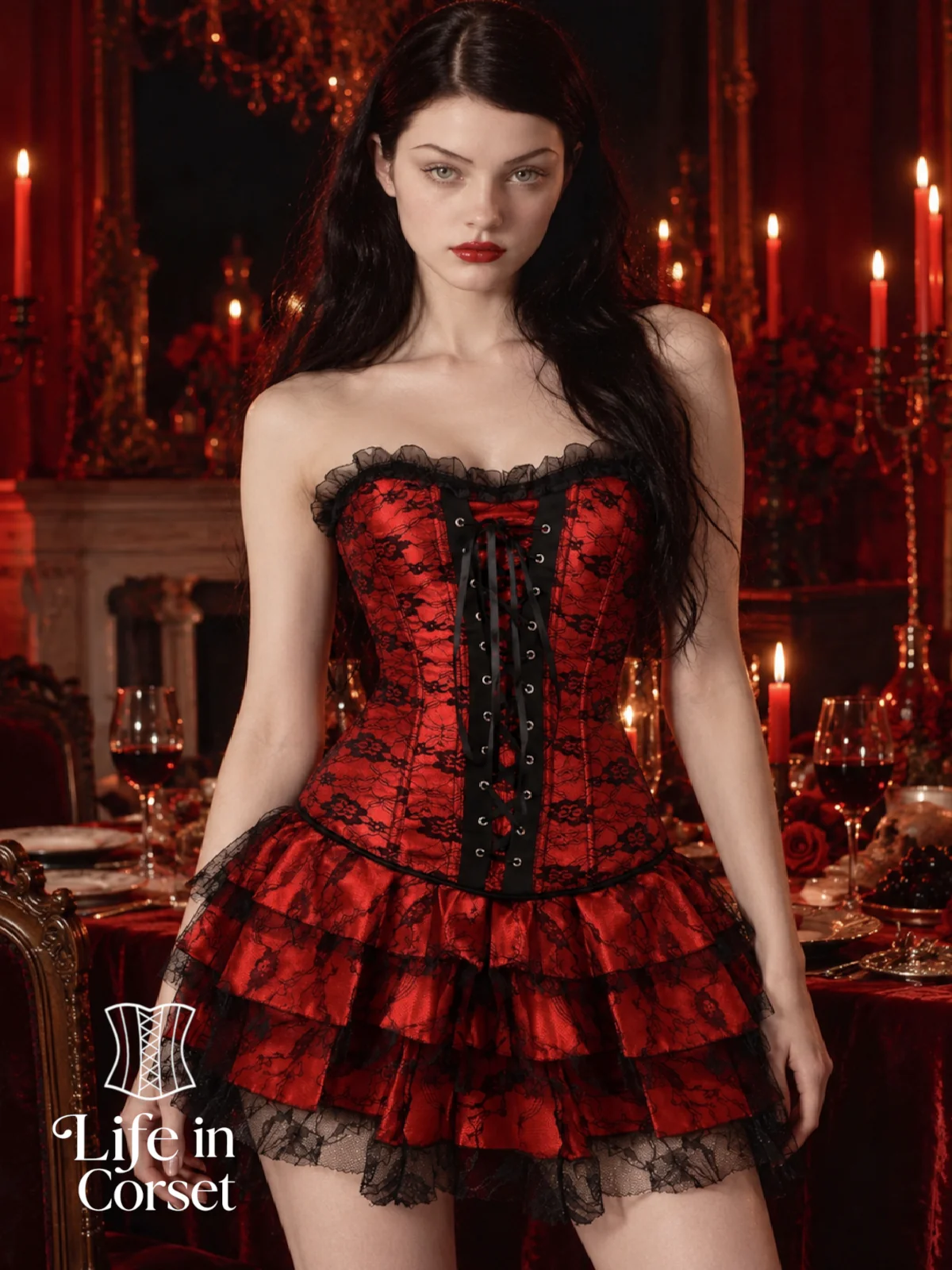 Robe corset rouge et noir avec dentelle Gothica