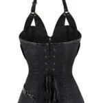 Corset noir steampunk avec cuir, chaînes et anneau Hedy (3) Corset noir steampunk avec cuir, chaînes et anneau Hedy (3)