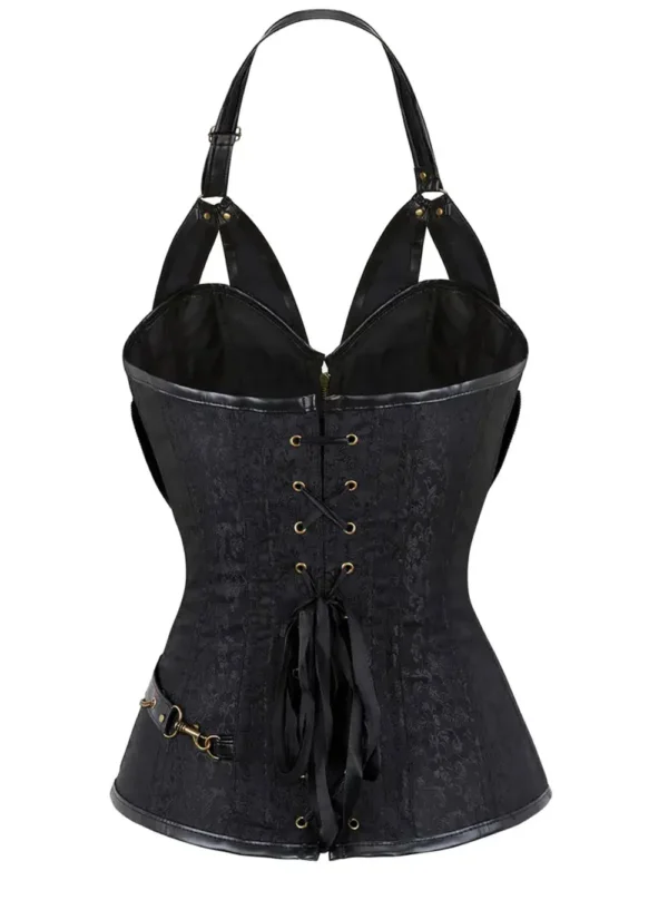 Corset noir steampunk avec cuir, chaînes et anneau Hedy (3) Corset noir steampunk avec cuir, chaînes et anneau Hedy (3)