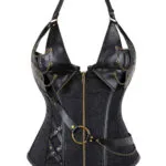 Corset noir steampunk avec cuir, chaînes et anneau Hedy (4) Corset noir steampunk avec cuir, chaînes et anneau Hedy (4)