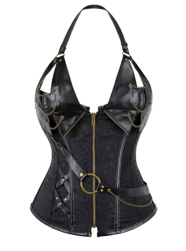 Corset noir steampunk avec cuir, chaînes et anneau Hedy (4) Corset noir steampunk avec cuir, chaînes et anneau Hedy (4)