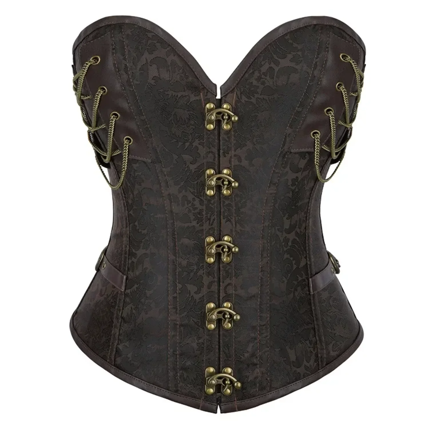 Corset steampunk marron avec rivets, cuir et chaînes Skylar (1) Corset steampunk marron avec rivets, cuir et chaînes Skylar