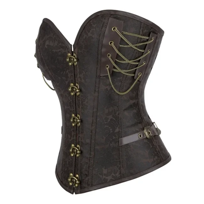 Corset steampunk marron avec rivets, cuir et chaînes Skylar (3) Corset steampunk marron avec rivets, cuir et chaînes Skylar (3)