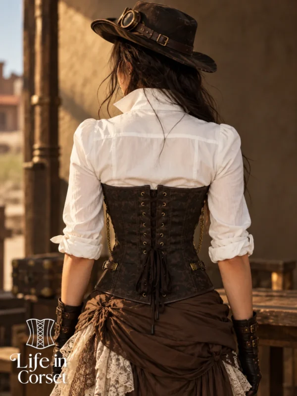 Corset steampunk marron avec rivets, cuir et chaînes Skylar 3 Corset steampunk marron avec rivets, cuir et chaînes Skylar