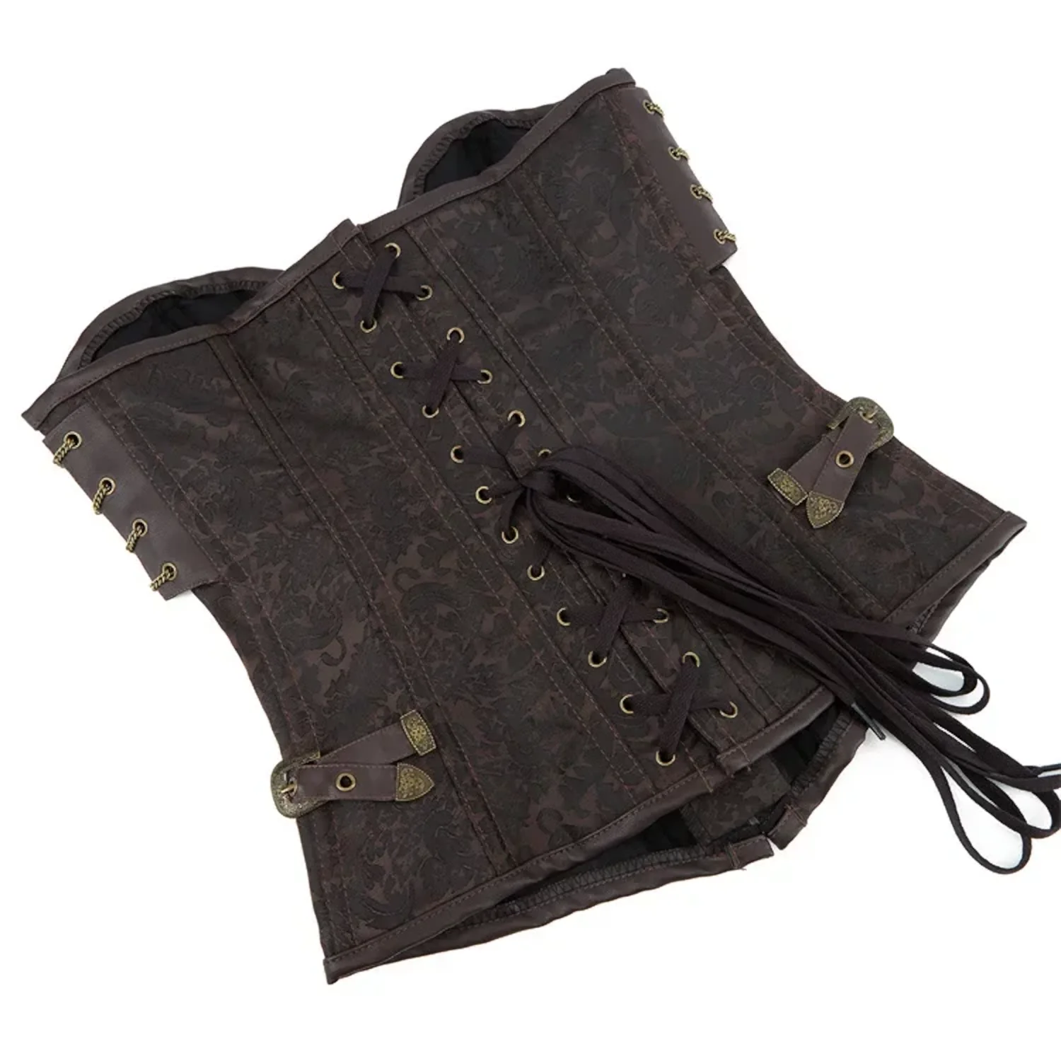 Corset steampunk marron avec rivets, cuir et chaînes Skylar (4) Corset steampunk marron avec rivets, cuir et chaînes Skylar (4)