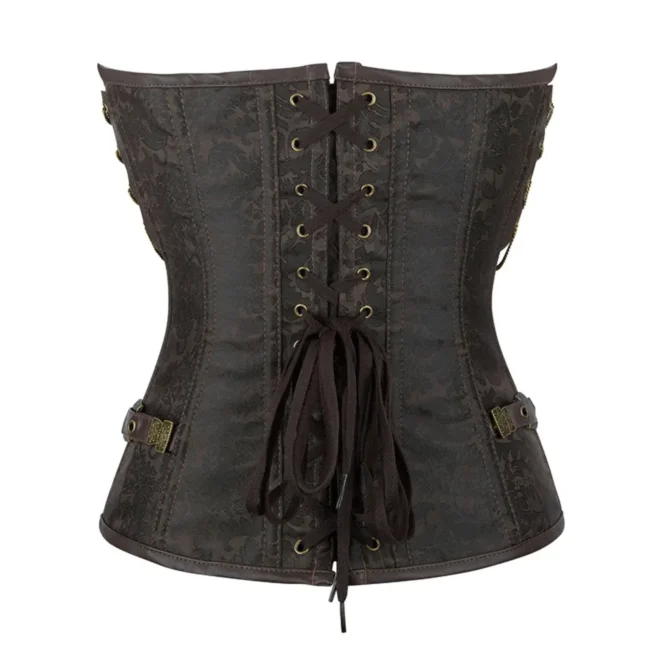 Corset steampunk marron avec rivets, cuir et chaînes Skylar (5) Corset steampunk marron avec rivets, cuir et chaînes Skylar (5)