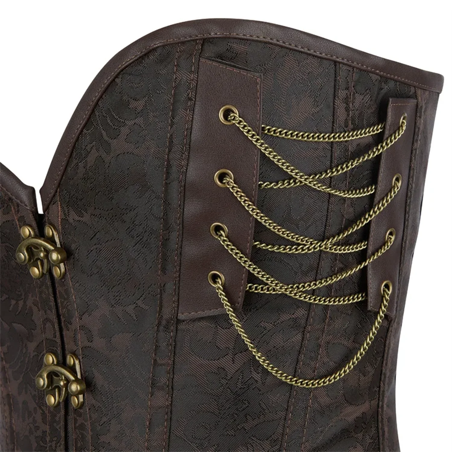 Corset steampunk marron avec rivets, cuir et chaînes Skylar (6) Corset steampunk marron avec rivets, cuir et chaînes Skylar