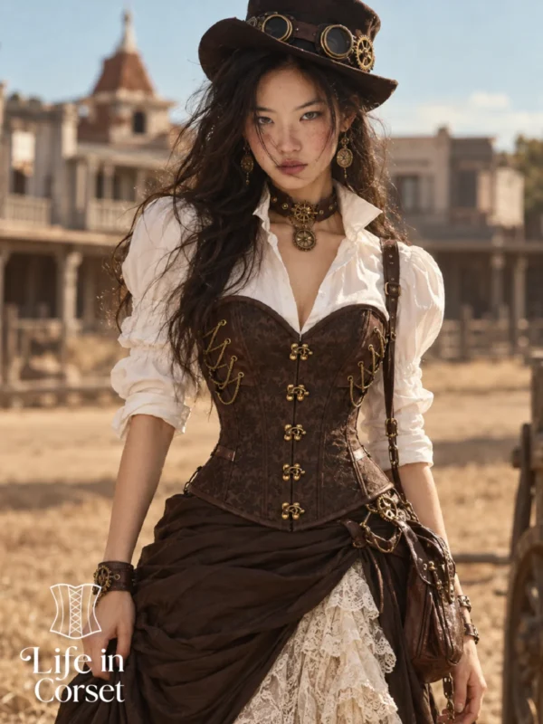 Corset steampunk marron avec rivets, cuir et chaînes Skylar Corset steampunk marron avec rivets, cuir et chaînes Skylar
