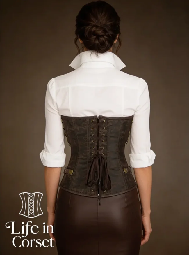 Corset steampunk marron skylar (vue dos) Corset steampunk marron skylar (vue dos)