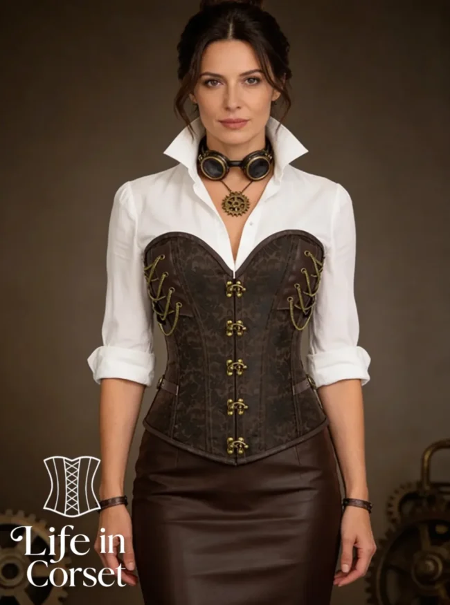 Corset steampunk marron skylar (vue face) Corset steampunk marron skylar (vue face)