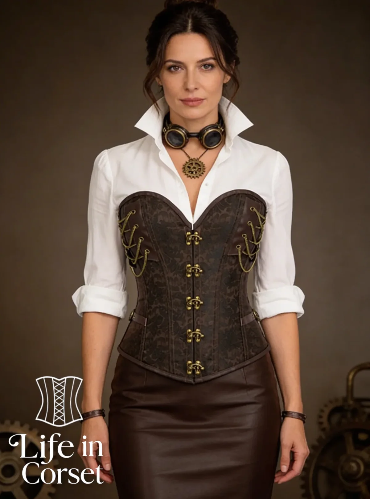 Corset steampunk marron skylar (vue face)