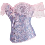 Corset bleu pastel à broderies baroques et dentelle rose Océana (5) Corset bleu pastel à broderies baroques et dentelle rose Océana