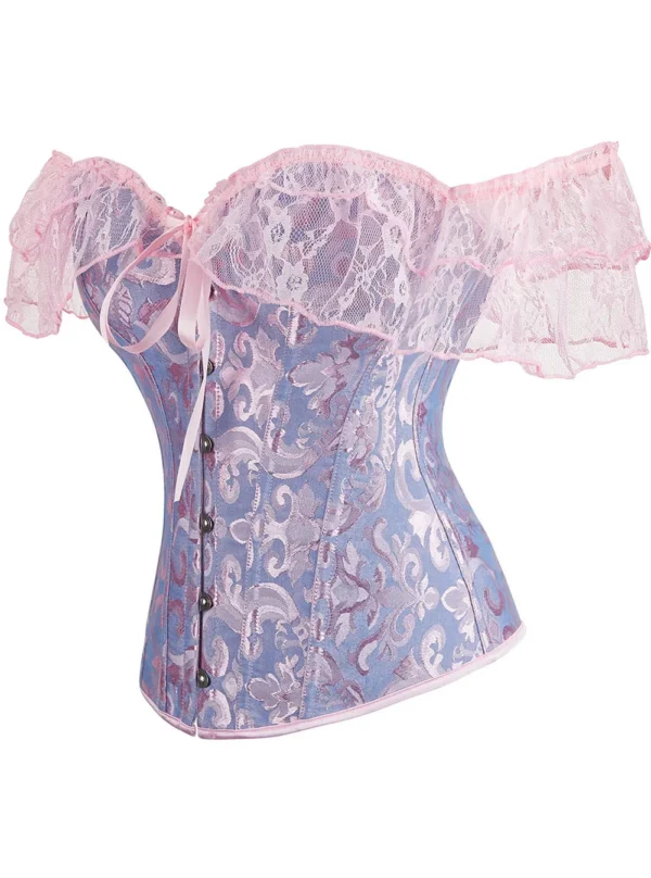 Corset bleu pastel à broderies baroques et dentelle rose Océana (5) Corset bleu pastel à broderies baroques et dentelle rose Océana