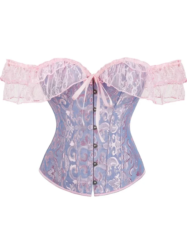 Corset bleu pastel à broderies baroques et dentelle rose Océana (6) Corset bleu pastel à broderies baroques et dentelle rose Océana
