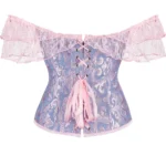 Corset bleu pastel à broderies baroques et dentelle rose Océana (7) Corset bleu pastel à broderies baroques et dentelle rose Océana