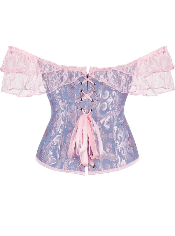 Corset bleu pastel à broderies baroques et dentelle rose Océana (7) Corset bleu pastel à broderies baroques et dentelle rose Océana