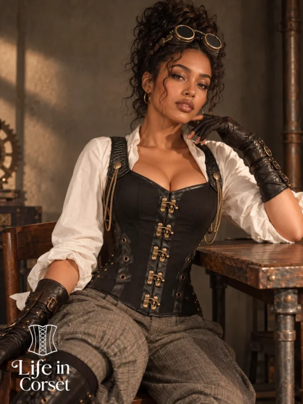 Corset steampunk à bretelles et décor mécanique London