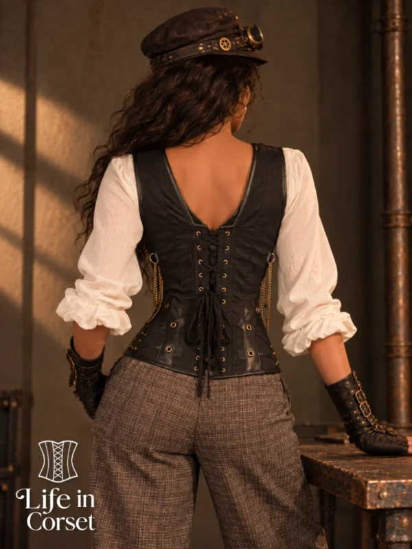 Corset steampunk à bretelles et décor mécanique London