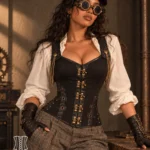 Corset steampunk à bretelles et décor mécanique London