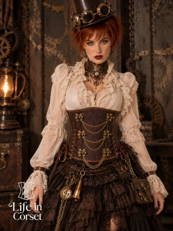 Corset steampunk sous poitrine marron avec chaînettes Cecily (face) Corset steampunk sous poitrine marron avec chaînettes Cecily