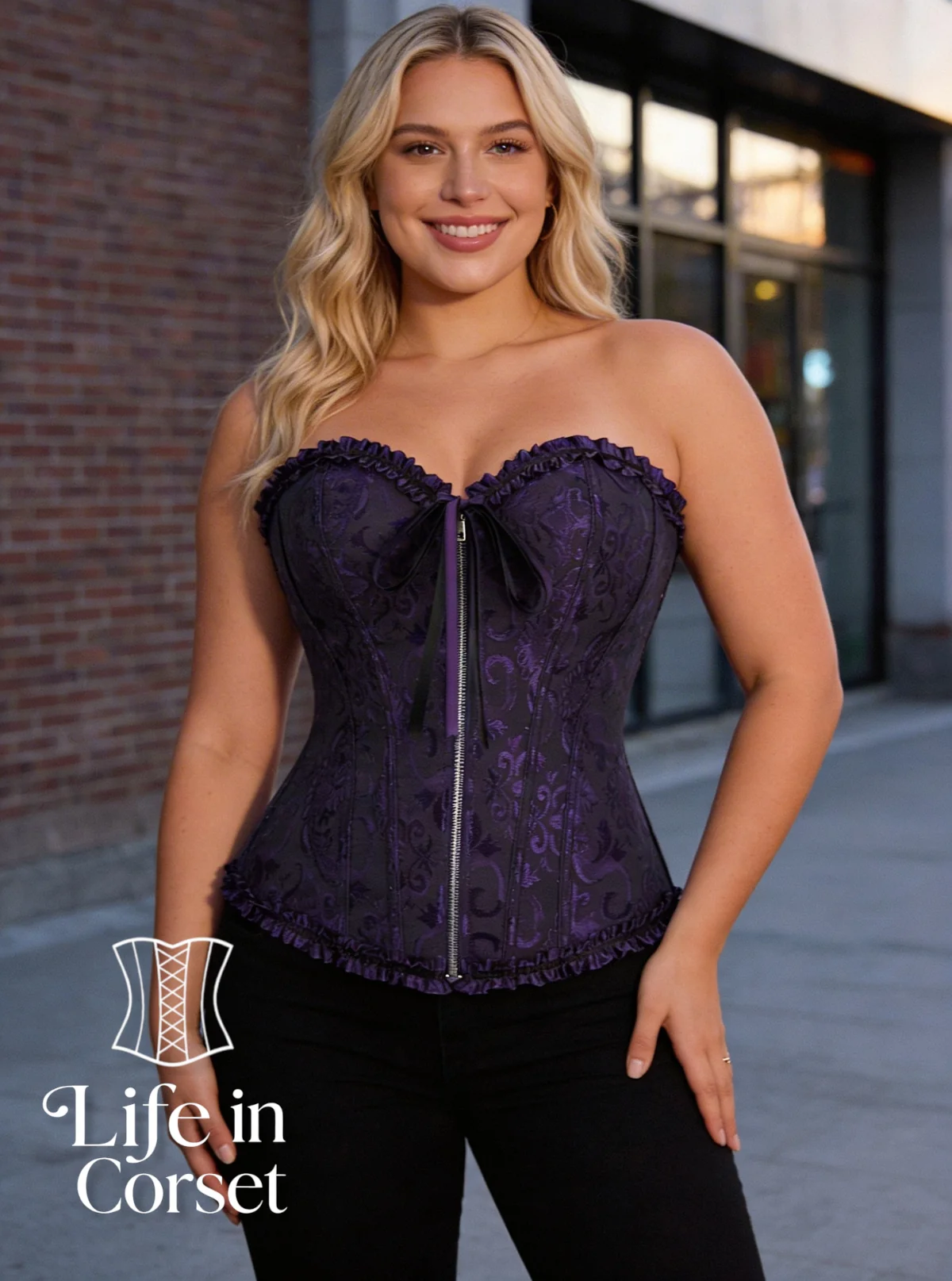 Corset violet zippé en brocart Ametta