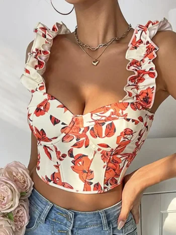 Crop top bustier fleuri blanc et rouge avec laçage dos Capucine Crop top bustier fleuri blanc et rouge avec laçage dos Capucine
