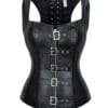 corset simili cuir noir à bretelles style goth avec boucles métalliques, porté sur jupe transparente