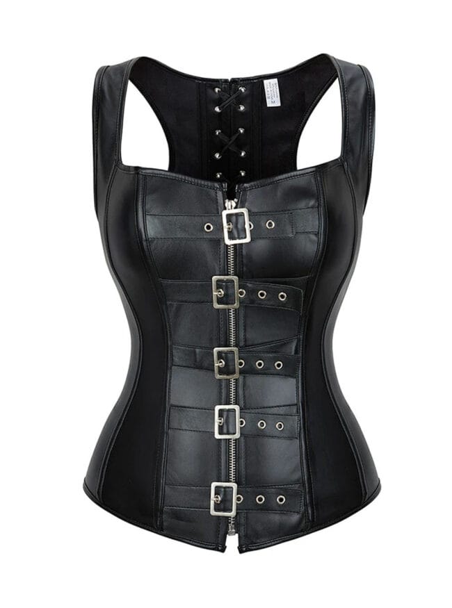 corset simili cuir noir à bretelles style goth avec boucles métalliques, porté sur jupe transparente