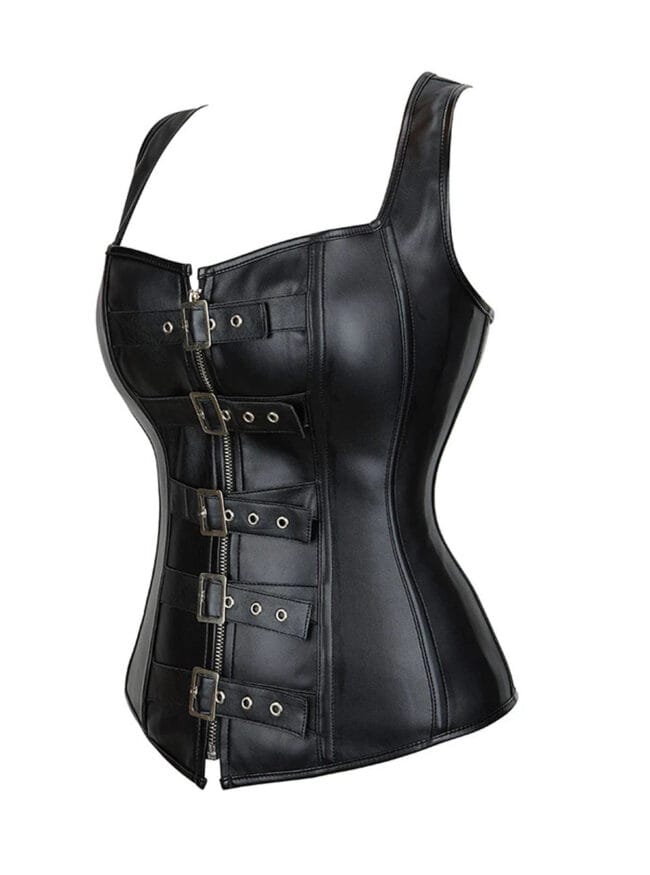 corset steampunk noir simili cuir Valkyrie, détail sangles et zip frontal