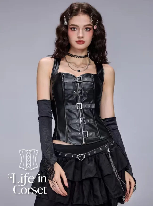 Bustier simili cuir à bretelles Valkyrie (face)