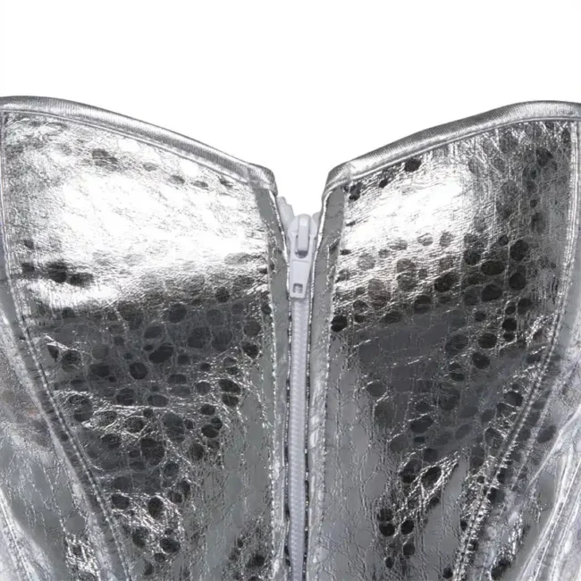 Corset argenté métallisé à motifs léopard avec zip frontal et laçage au dos (zoom fermeture éclair) Corset argenté métallisé à motifs léopard avec zip frontal et laçage au dos (zoom fermeture éclair)