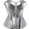 Corset argenté métallisé à motifs léopard avec zip frontal et laçage au dos (fond blanc) Corset argenté métallisé à motifs léopard avec zip frontal et laçage au dos (fond blanc)