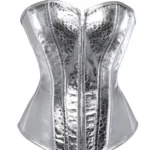 Corset argenté métallisé à motifs léopard avec zip frontal et laçage au dos (fond blanc) Corset argenté métallisé à motifs léopard avec zip frontal et laçage au dos (fond blanc)