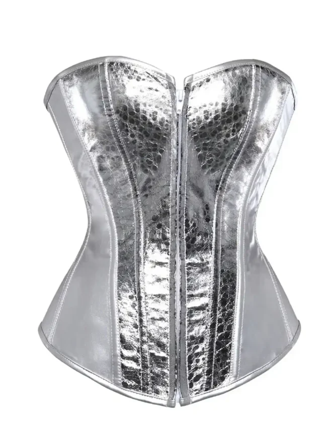 Corset argenté métallisé à motifs léopard avec zip frontal et laçage au dos (fond blanc) Corset argenté métallisé à motifs léopard avec zip frontal et laçage au dos (fond blanc)