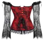Corset gothique rouge à manches longues en dentelle avec laçage arrière ajustable et détails satinés Corset gothique rouge à manches longues en dentelle avec laçage arrière ajustable et détails satinés