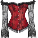 Corset rouge et noir gothique avec manches longues en dentelle et buscs métalliques frontaux Corset rouge et noir gothique avec manches longues en dentelle et buscs métalliques frontaux