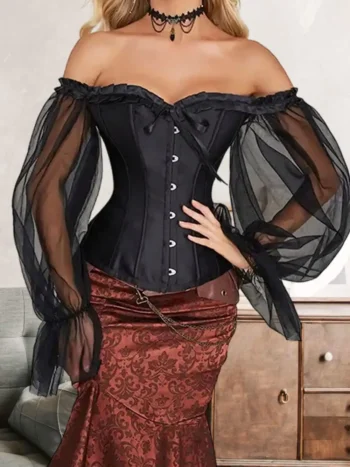 corset noir baroque Ismeria en satin avec manches longues en voile transparent corset noir baroque Ismeria en satin avec manches longues en voile transparent