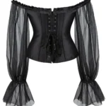 corset noir baroque Ismeria en satin avec manches longues (vue de dos) corset noir baroque Ismeria en satin avec manches longues (vue de dos)