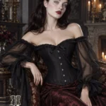 Corset noir baroque à manches longues Ismeria (vue assise) Corset noir baroque à manches longues Ismeria