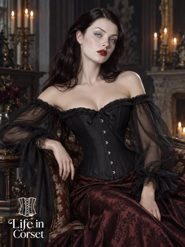 Corset noir baroque à manches longues Ismeria (vue assise) Corset noir baroque à manches longues Ismeria