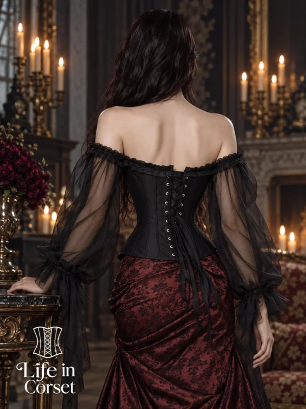 Corset noir baroque à manches longues Ismeria (vue de dos) Corset noir baroque à manches longues Ismeria