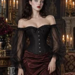 Corset noir baroque à manches longues Ismeria (vue de face) Corset noir baroque à manches longues Ismeria