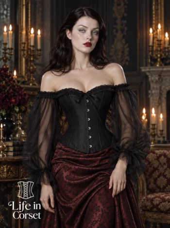 Corset noir baroque à manches longues Ismeria (vue de face) Corset noir baroque à manches longues Ismeria
